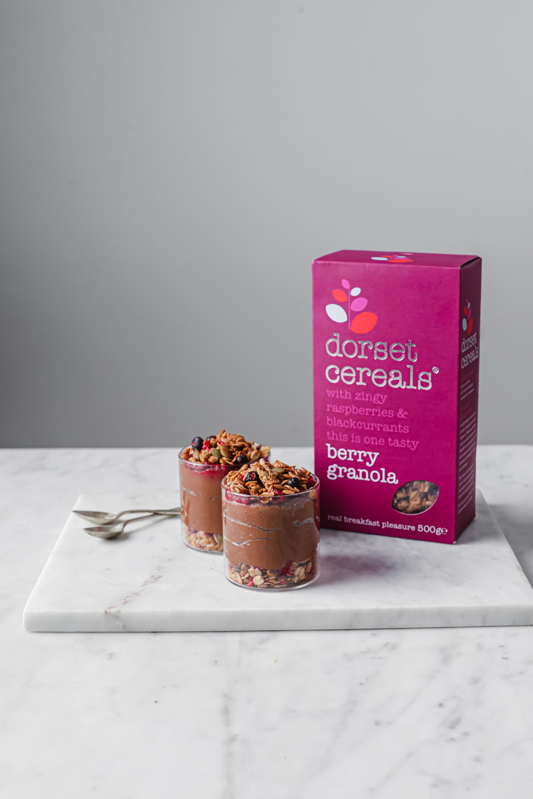 vegan chocolate and raspberry granola mousse pots Dorset Cereals