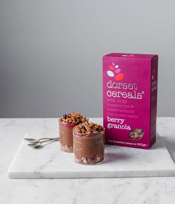 vegan chocolate and raspberry granola mousse pots