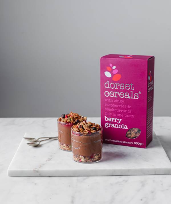 vegan chocolate and raspberry granola mousse pots