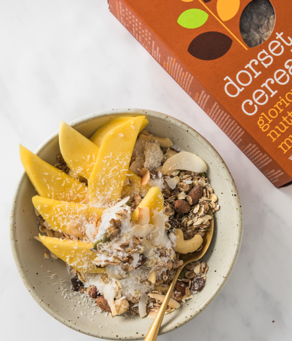 tropical mango and coconut muesli bowl